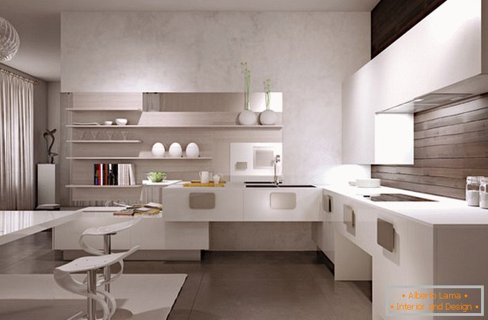 Невообичаено решение за боја на внатрешноста на кујната-кубизмот во картонски дизајн.