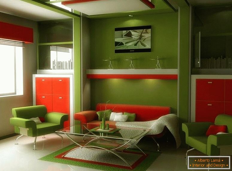 Зелена внатрешност со портокал мебел