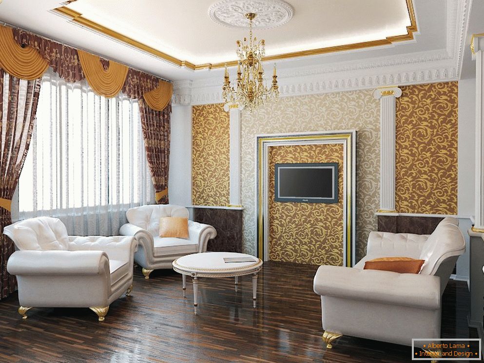 Нијанси на злато и бело во внатрешноста на дневната соба