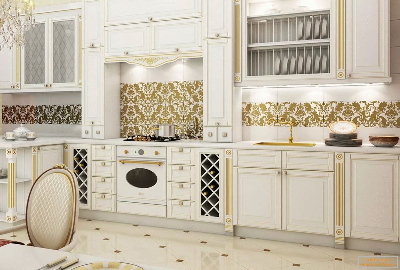 Бело и злато во внатрешноста и дизајнот на кујната