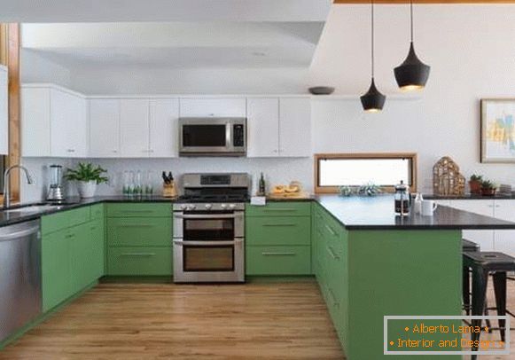Кујна во бела и зелена боја - слика со темна врвот