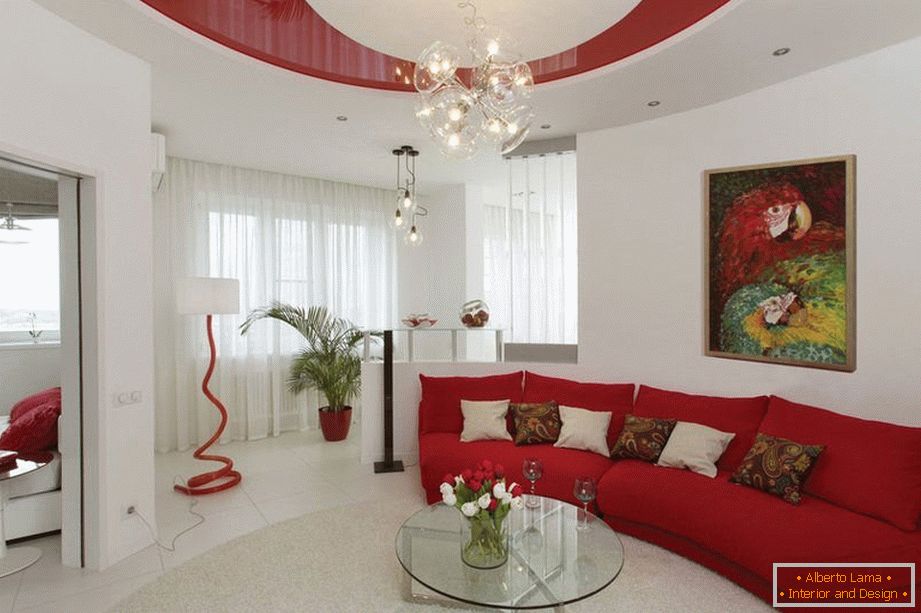 Дневна соба во бела и црвена боја