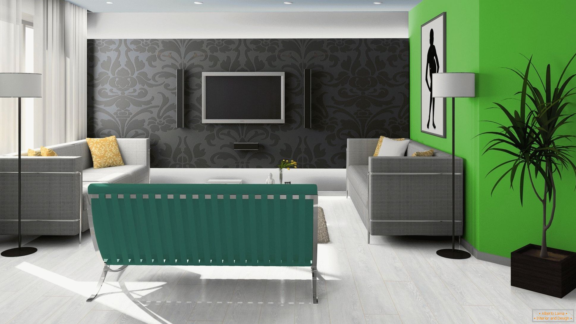 Црна, зелена и бела боја во дизајнот на дневната соба