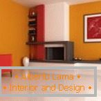 Комбинацијата на портокалова, црвена и бела боја во дизајнот на дневната соба
