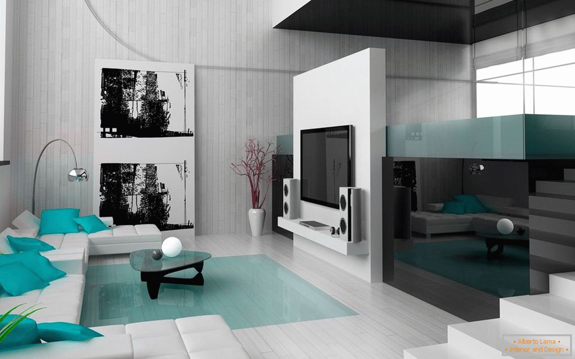 Дневна соба во црно-бели бои со тиркизна внатрешност