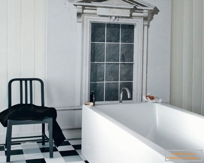black-and-white-traditional-interior-бањаroom-design-white-corian-square-бањаtub-black-and-white-floor-tile-vintage-plastic-stool-white-wood-frame-window-black-and-white-бањаroom-ideas-interior-бања