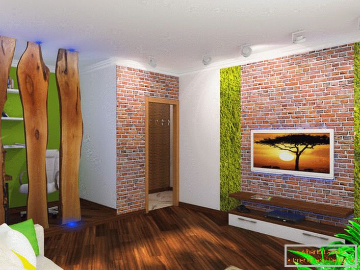 На brickwork е поволно во комбинација со дрвени декорација на дневна соба.