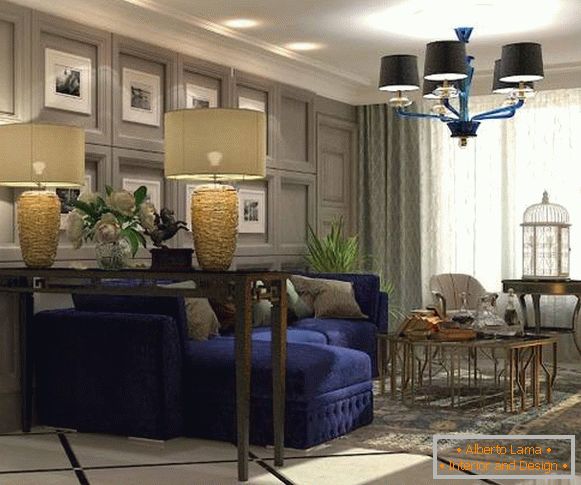Дизајн на дневната соба со златни и сини декор