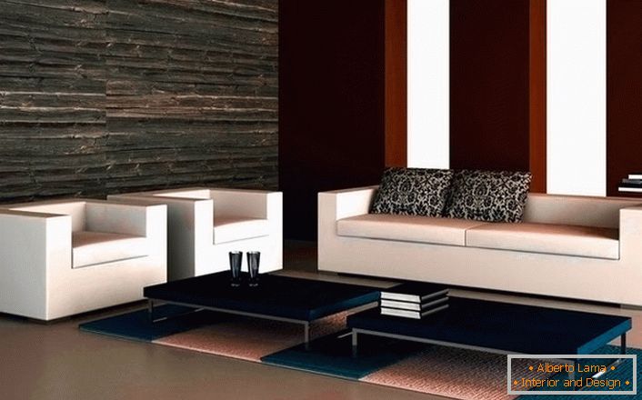 Дизајн проект на дневна соба во high-tech стил. Лаконскиот тросед со две фотелји изгледа хармонично во минималистички стил. 