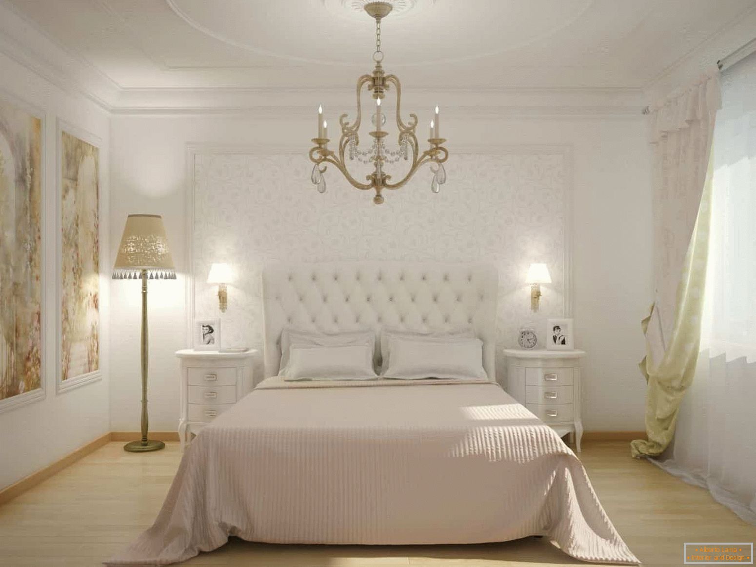 Класична бела спална соба со панел на ѕидот