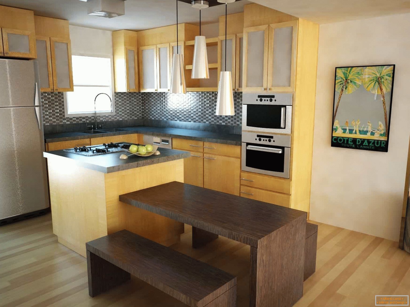 Кујна кујна со прозорец со маса и клупи во еко-стил