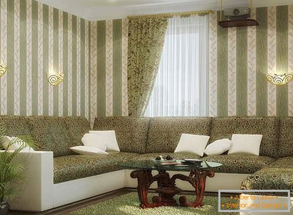 Дизајнот на дневната соба во приватна куќа во бели и зелени бои