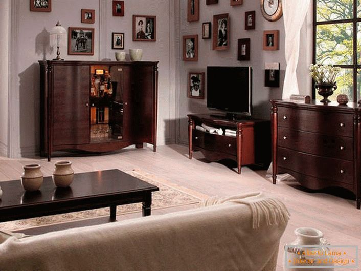 Мебел за гостинска соба во стилот на Венге. Контрастната боја се издвојува позитивно наспроти позадината на светлината.
