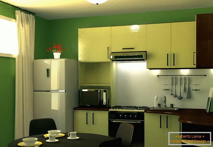 Зелената е бојата на спокојството и хармонијата. Кујна површина од 9 квадратни М во оваа шема на бои - одлично решение за дизајнот на секој град стан.