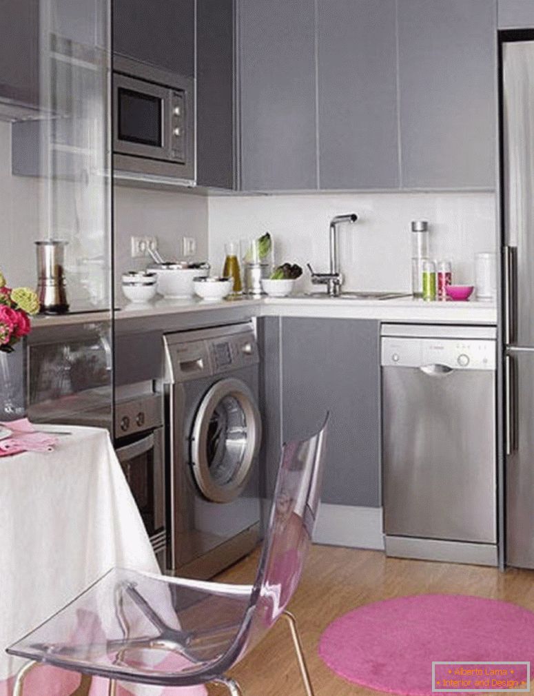 стакло-дизајн-со-модерни-сива-кабинети-и-нерѓосувачки челик-countertop-исто така-слатко-круг-кујна-килим