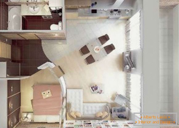 дизајн на кујна во комбинација со дневна соба од мала област, фото 53