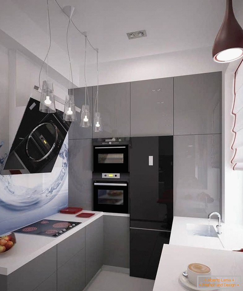 Еден ѕид во кујната може да биде целосно исполнет со кабинети со технологија на подот до таван