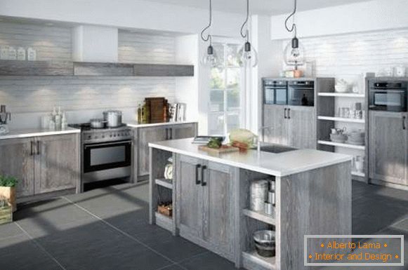 Кујнски дизајн на кујна во приватна куќа - сива слика