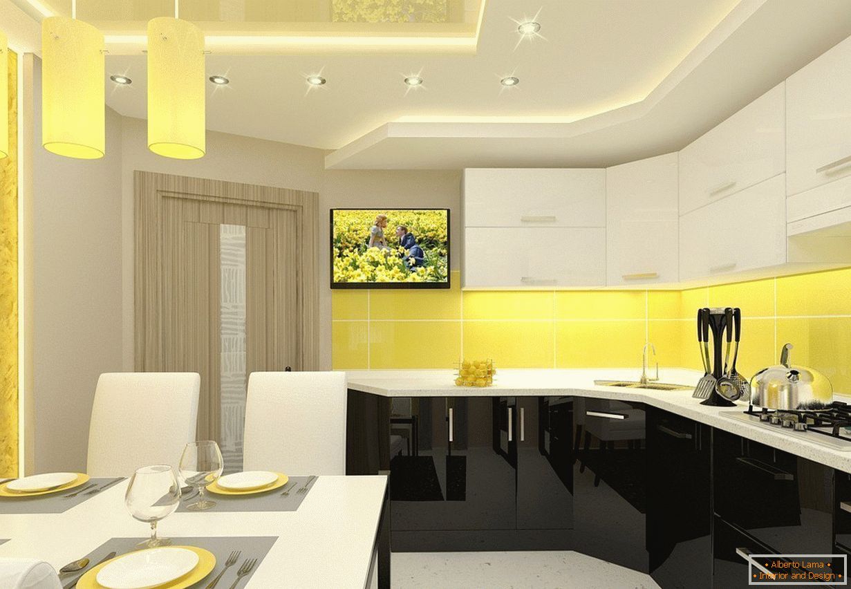 Жолто-бела кујна внатрешноста во станот