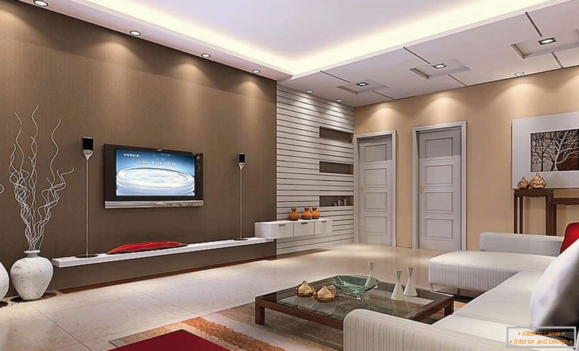 Пространа дневна соба со квадратна форма во високотехнолошки стил