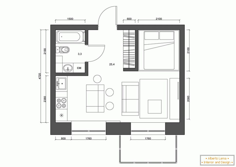 Распоред на станот 30 квадратни метри. м во црно и бело