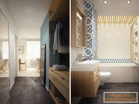 Фотографија на влезната сала и бања во дизајнот на стан од 40 квадратни метри