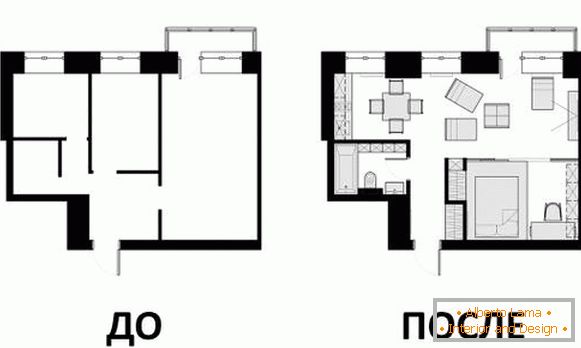 Дизајн стан дизајн 40 квадратни метри - цртеж пред и потоа