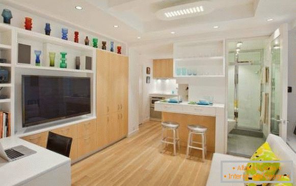 Дневна соба, кујна и бања во дизајнот на станот 40 квадратни метри слика