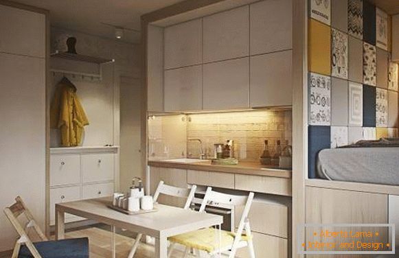 Модерен дизајн на една соба стан од 40 квадратни М - слика на кујна и спална соба
