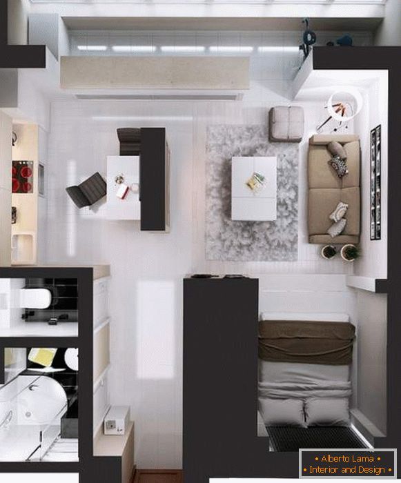 Дизајн студио студио - како да се подели спалната и салата