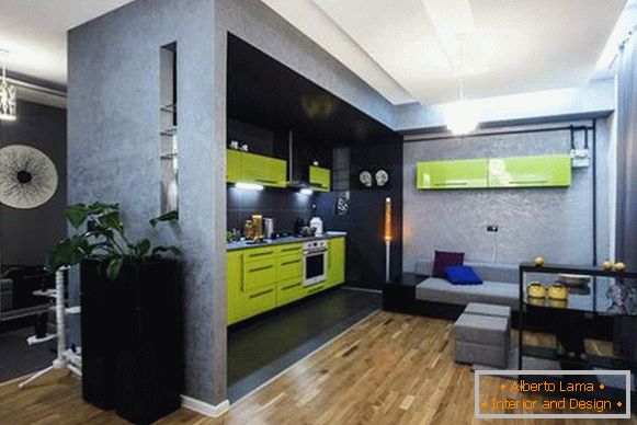 Внатрешен дизајн на еднособен стан со комбинирана кујна