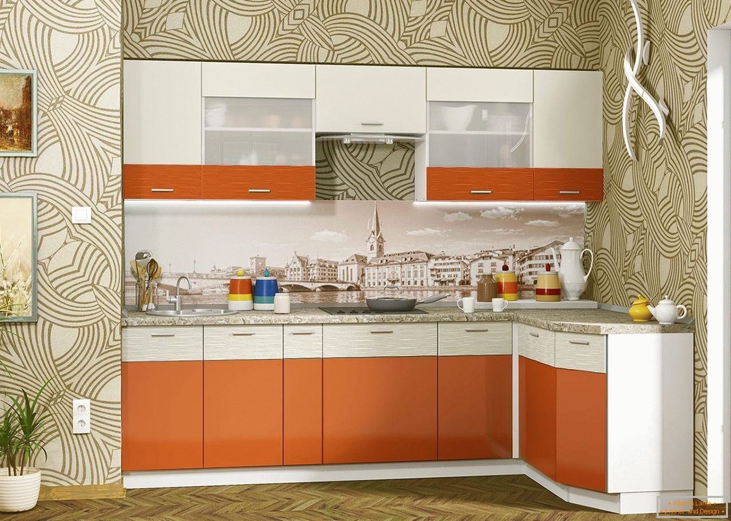 Компактен кујна во портокалова боја