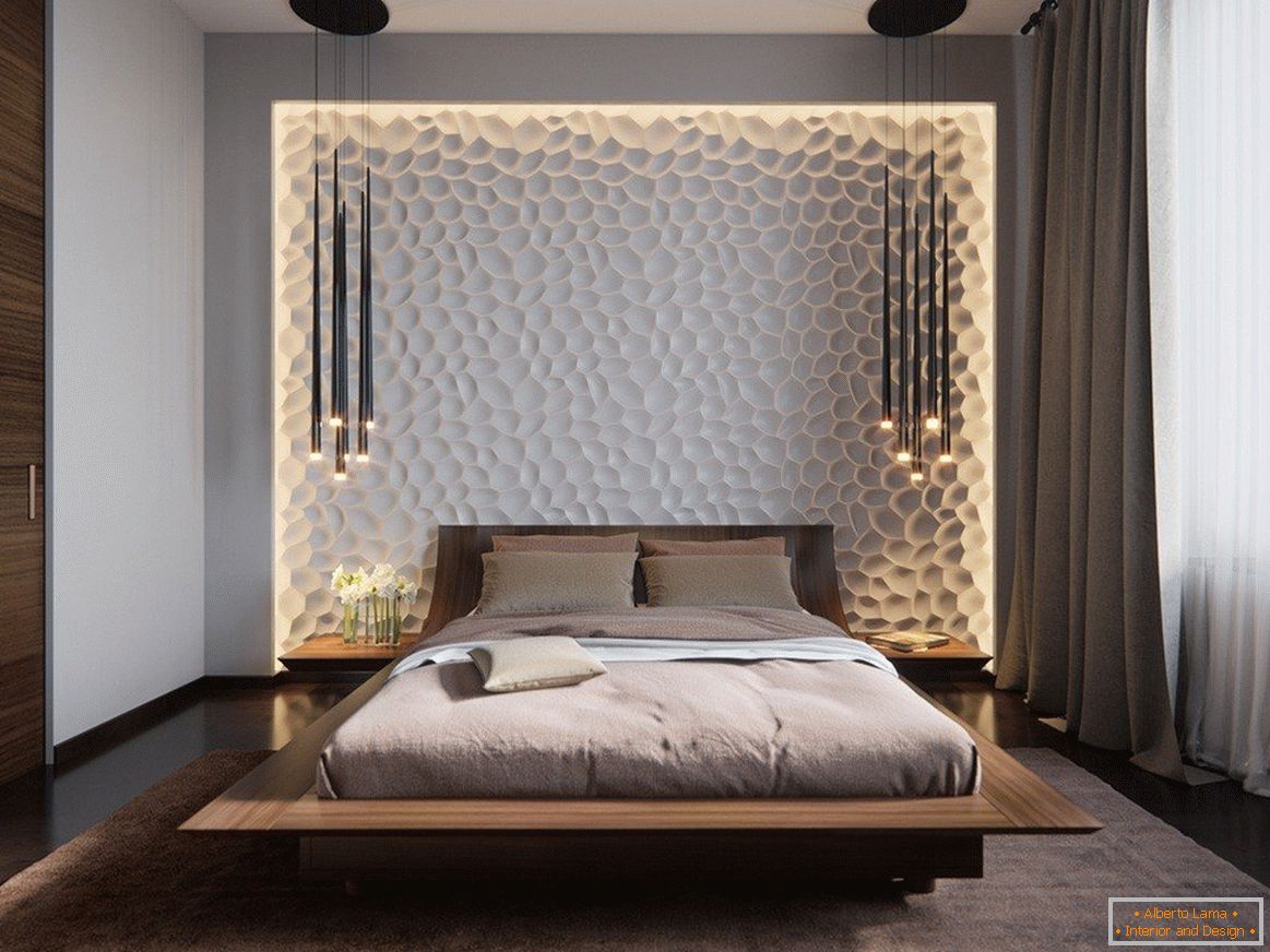 3D панели на ѕидот на спалната со осветлување