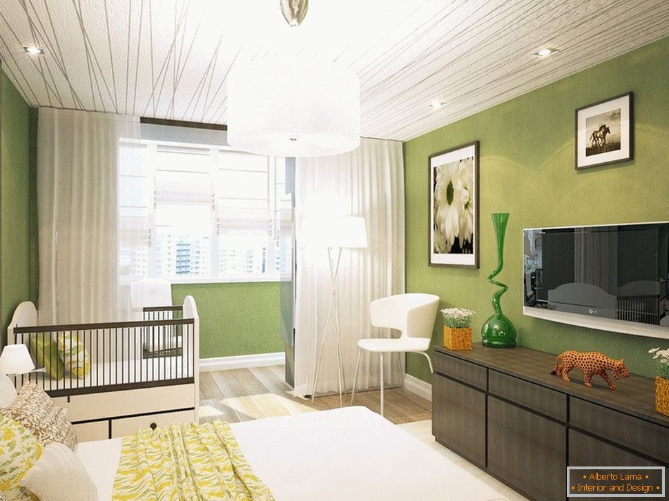 Светло зелена спална соба со излез на балкон