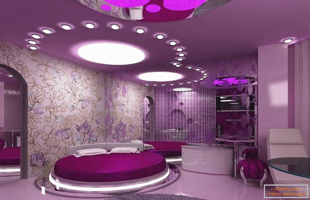 Виолетова спална соба во модерен стил