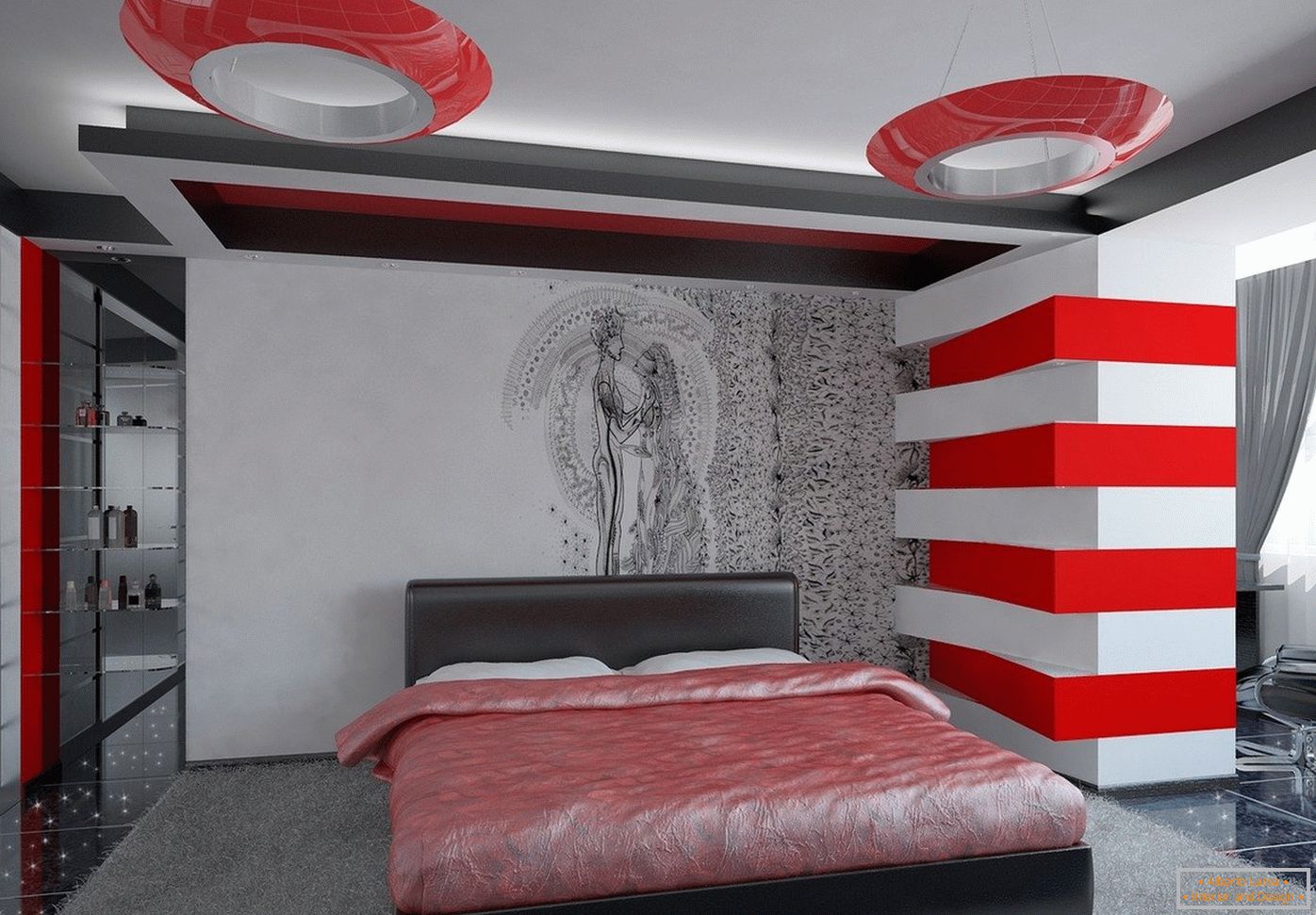 Светли бои во внатрешноста на спалната соба во стилот на хај-тек