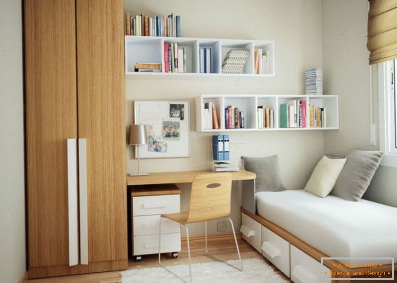 минималистички-мал-стан-дизајн-со-кафеава-дрвени-шкаф-во близина на биро-и-бело-дрвени-лебдат-полица-прилог-на-бело-ѕид-исто така-кафеава-дрвени-еднокреветни- рамка-опремена-бела-дрвена-3-лизгачки-др
