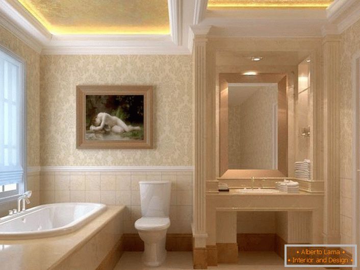 Штукањето од штуко е хармоничен елемент за внатрешноста во стилот на Арт Нову. Двостепените тавани се опремени со правилно осветлување. LED лента, издавајќи топло, жолто светло, ја прави атмосферата во бањата романтична.
