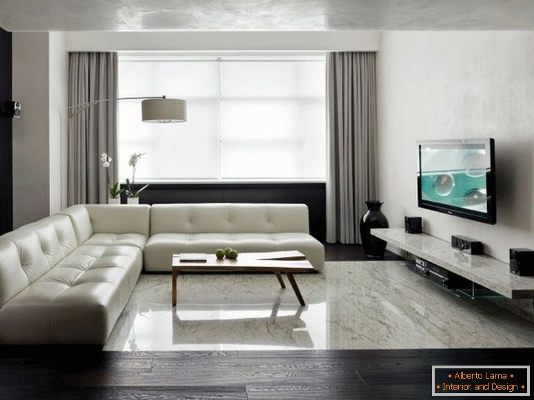 Една од најчесто користените бои за внатрешна декорација во стилови на минимализмот е сива боја. Широкиот спектар на нијанси на сива му овозможува на дизајнерот да организира светлосни акценти, со што просторијата станува попространа. 