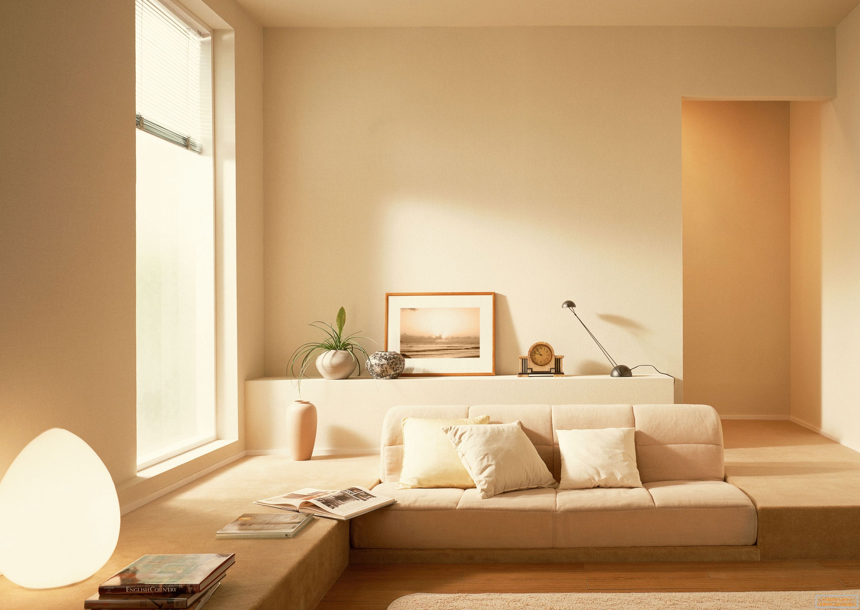 Во согласност со стилот на минимализмот, мирна беж сенка се користи за организирање на внатрешноста на дневната соба.