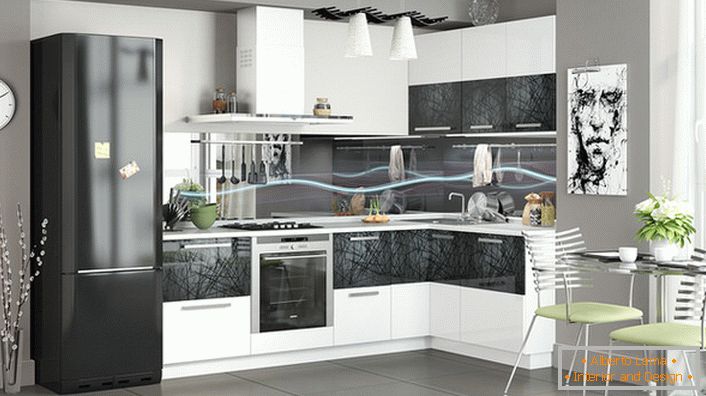 Модерната кујна е декорирана со модуларен кујнски уред. Агол сет ви овозможува да заштедите простор.