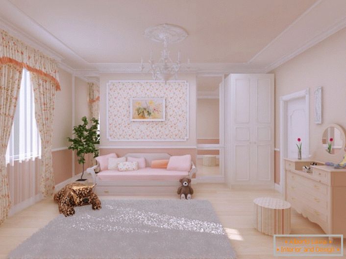 А убава детска соба е украсен во земјата стил. За декор е исто така се користи штуко од полиуретан. 