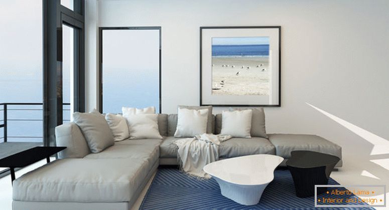 Модерна дневна дневна дневна соба со светла внатрешна дневна внатрешност со удобен модерен тапациран сив пакет, уметност на ѕидот и голем панорамски поглед на еден ѕид со поглед на океанот