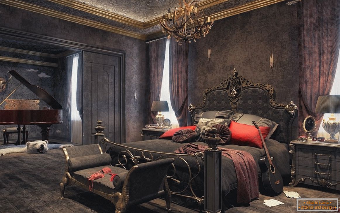 Спална соба во готски стил в темных тонах
