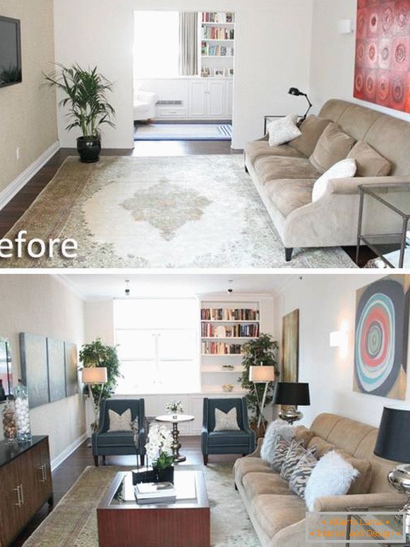 Фотографија од дневната соба во приватна куќа пред и потоа