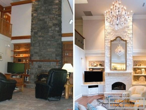 Стилскиот дизајн на дневната соба со високи тавани пред и потоа