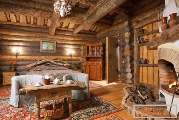 Внатрешноста на дрвена куќа од дневници внатре - фотографии во руски стил
