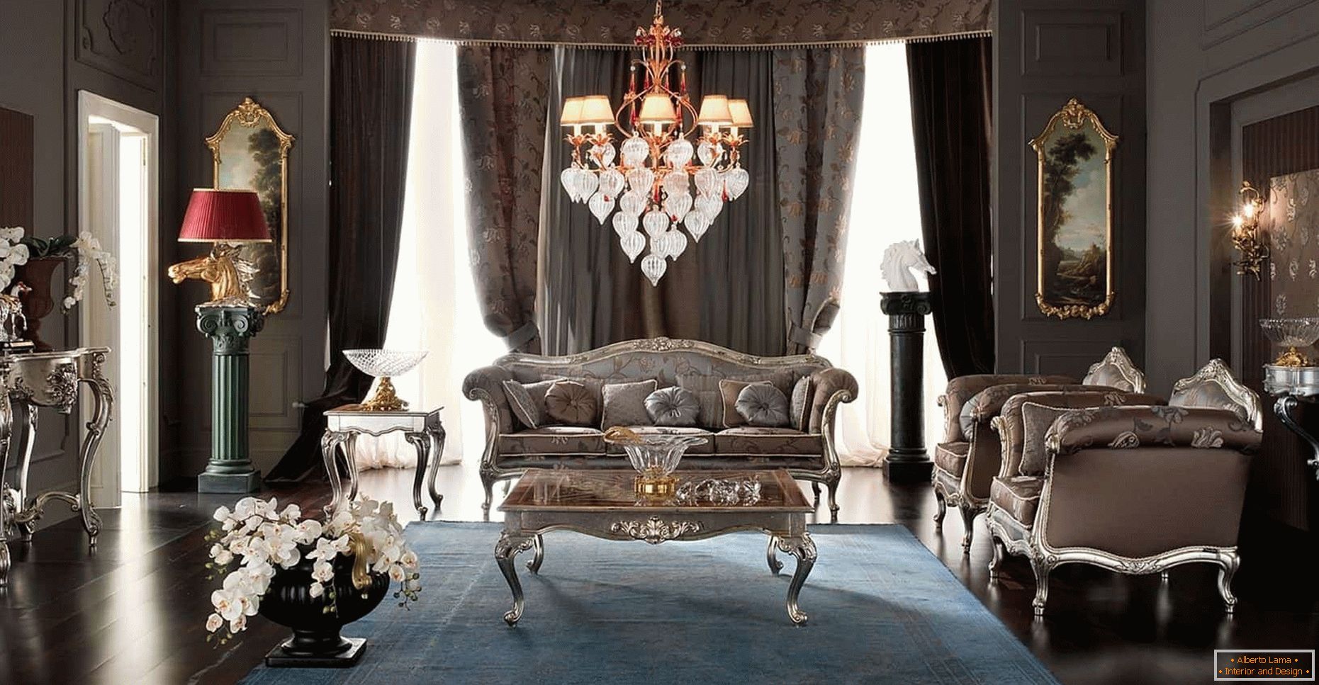 Дизајнот на дневната соба во темна боја во класичен стил
