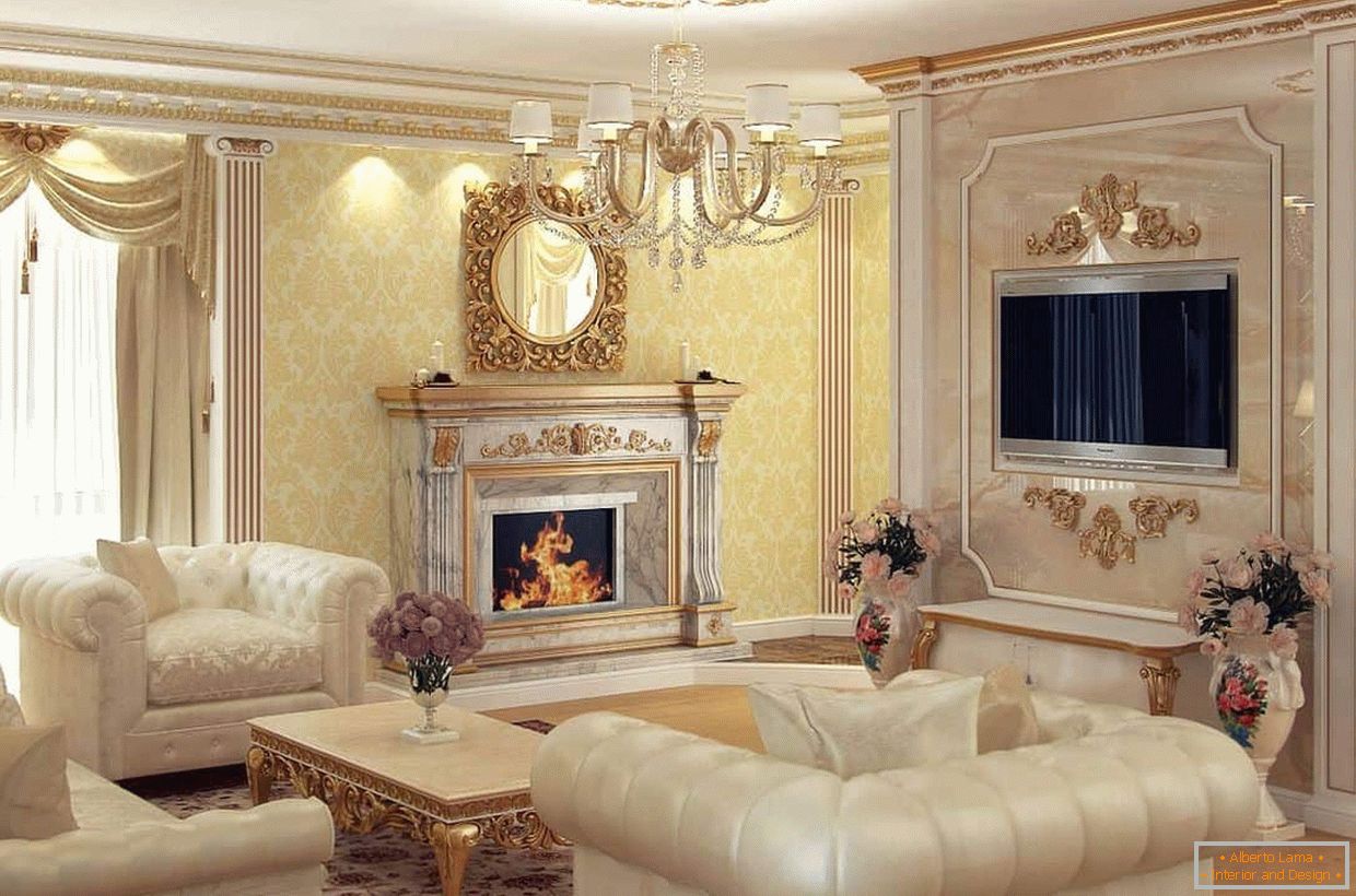 Камин во дизајнот на дневната соба во класичен стил
