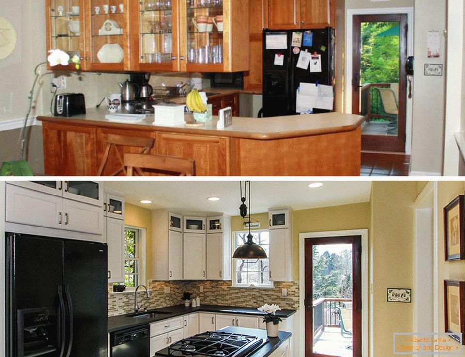 Внатрешни работи на мала кујна пред и по поправка